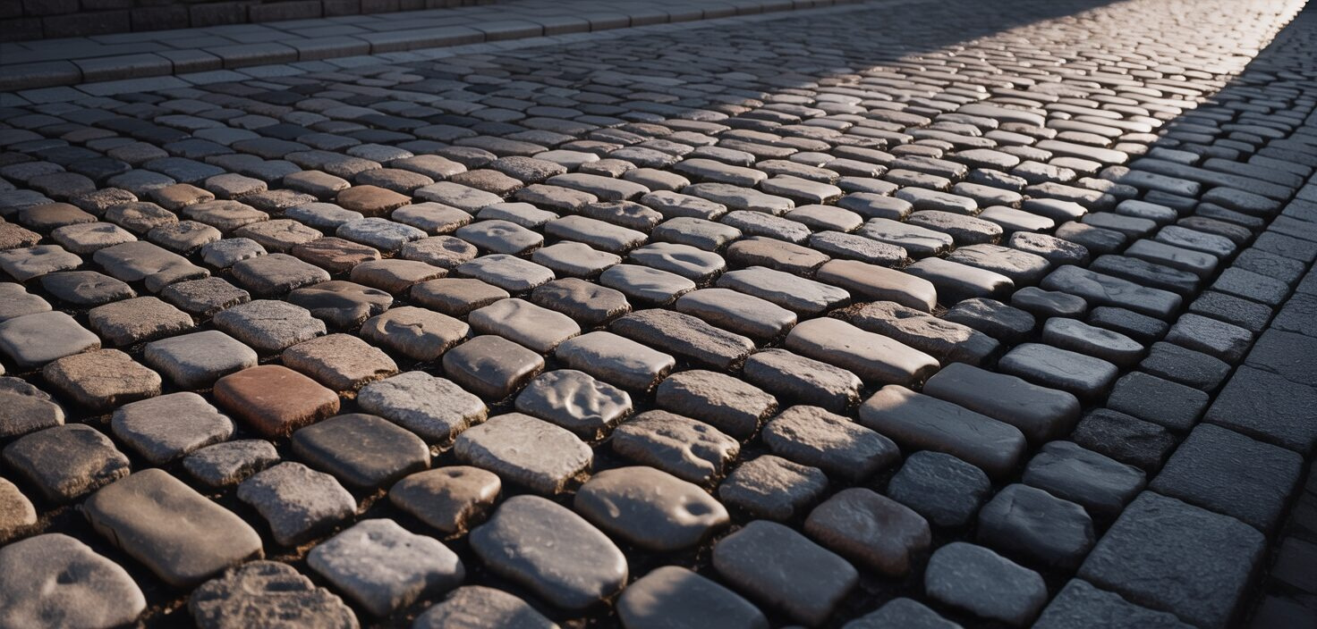 En photorealistisk bild av en traditionell gatsten, storgatsten, i en historisk stadsmiljö. Solen lyser på stenarna.