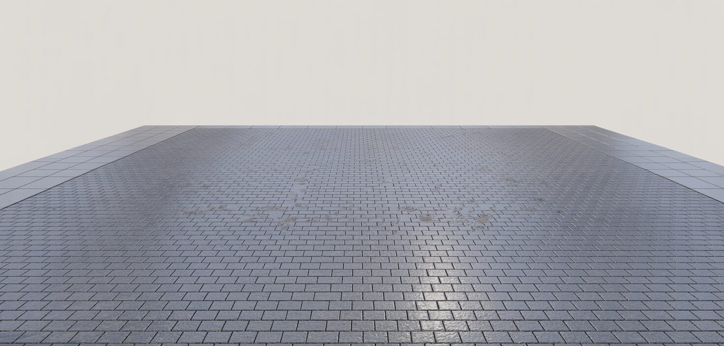 En photorealistisk bild av en nyanlagd uppfart med gatsten, med fokus på dess rena linjer och minimalistiska estetik.